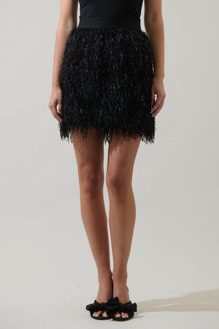 Black high-rise mini skirt with textured fringe detailing and subtle shimmer at Erin Rose boutique