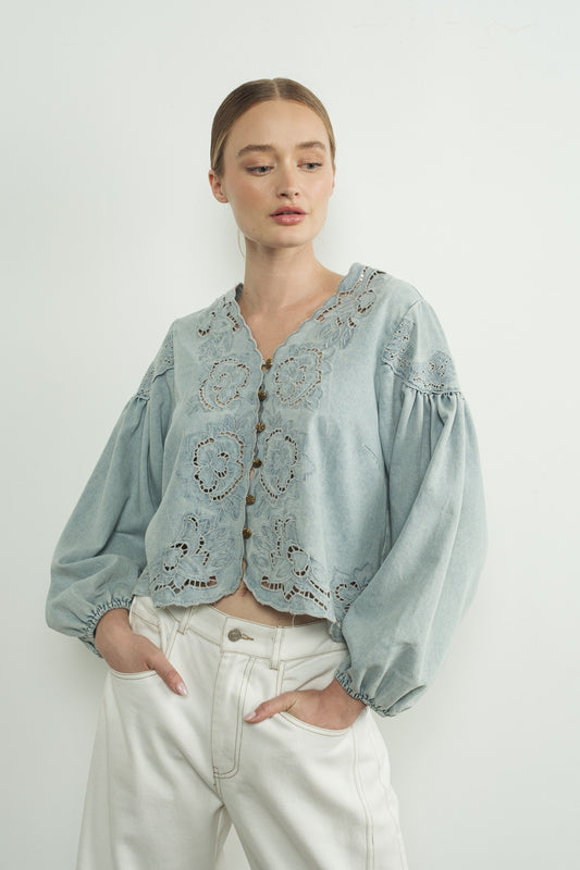 Dana Denim Embroidery Volume Sleeve Top