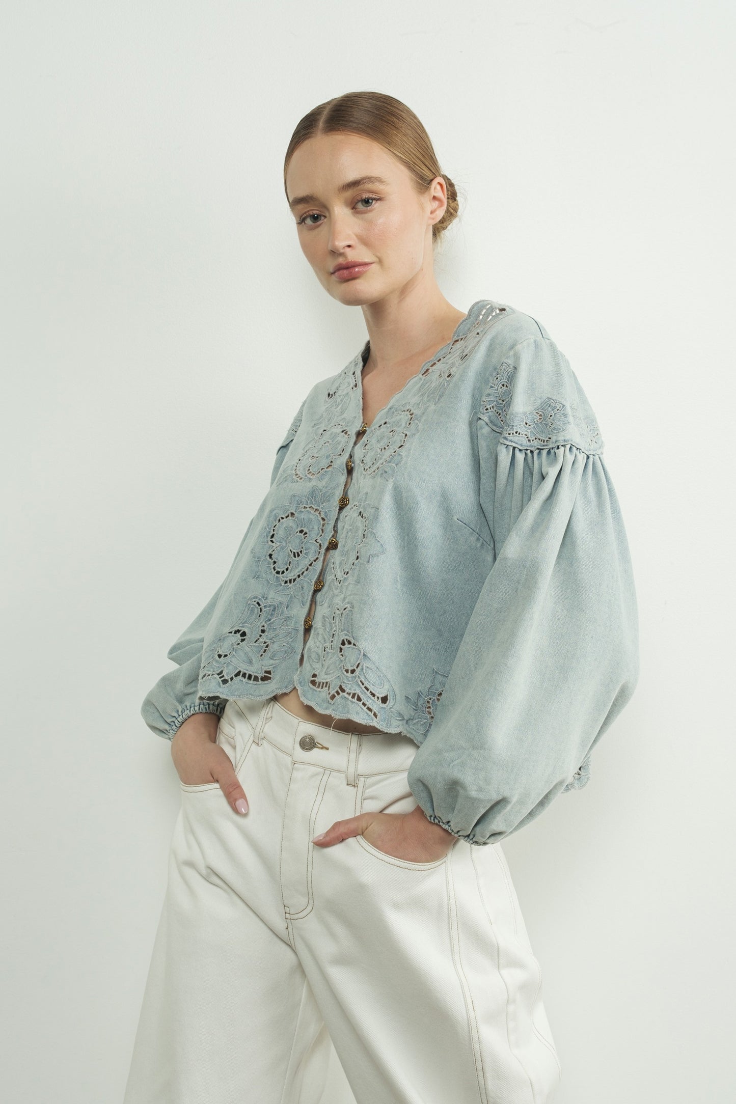 Dana Denim Embroidery Volume Sleeve Top