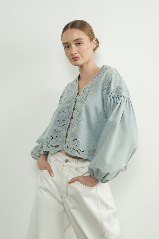 Dana Denim Embroidery Volume Sleeve Top