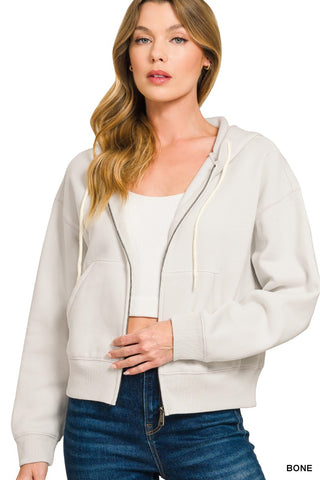 Fleece Cropped Zip-up Hoodie W Pockets