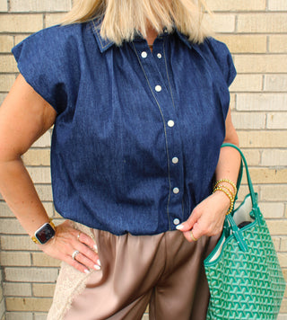 Breken Bubble Denim Top styled with satin lace pants