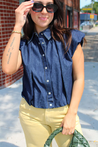 Breken Bubble Denim Top styled with yellow pants front view