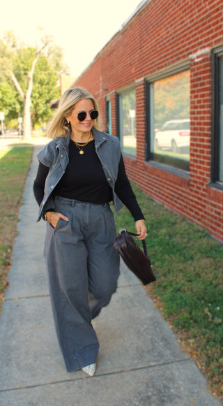 Charcoal wide leg pants styled for a chic fall outfit