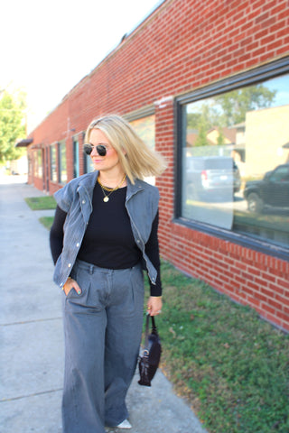 Women's pleated gray denim pants with tailored waistband