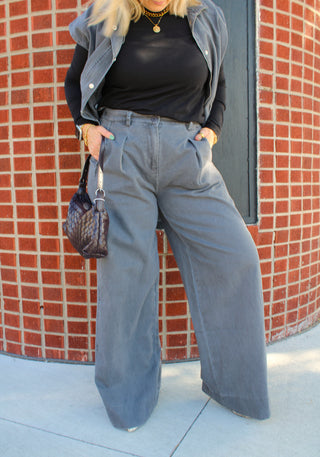Trendy women's charcoal gray wide leg denim pants