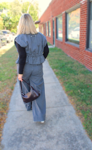 Back view of women's gray wide leg denim trousers