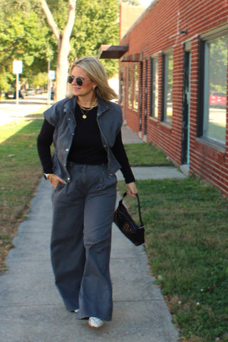 Front view of Brielle charcoal wide leg denim pants