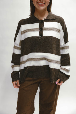 Women's brown and cream striped collared sweater with henley buttons and relaxed fit
