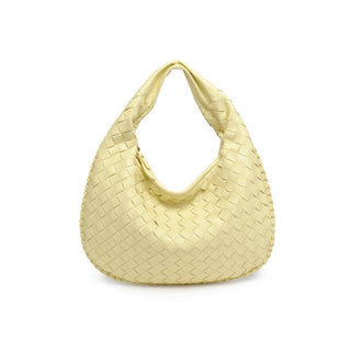 Front view of butter yellow woven hobo bag with soft braided texture and slouchy shape – Erin Rose Boutique