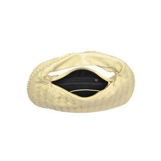 Interior view of butter yellow woven hobo bag showing zippered pocket and spacious black lining – Erin Rose Boutique.