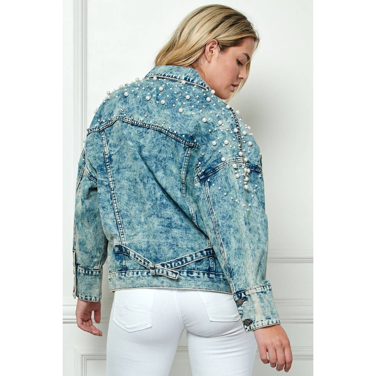 Plus Oversize Pearl and Rhinestone Denim Jacket