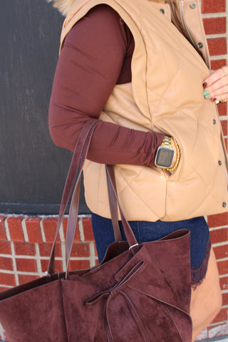 Camel colored diamond quilted vest for women
