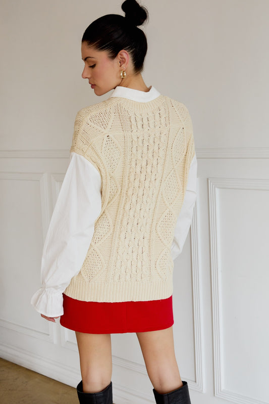 Cara Collared Cable Knit & Shirt Mix Top