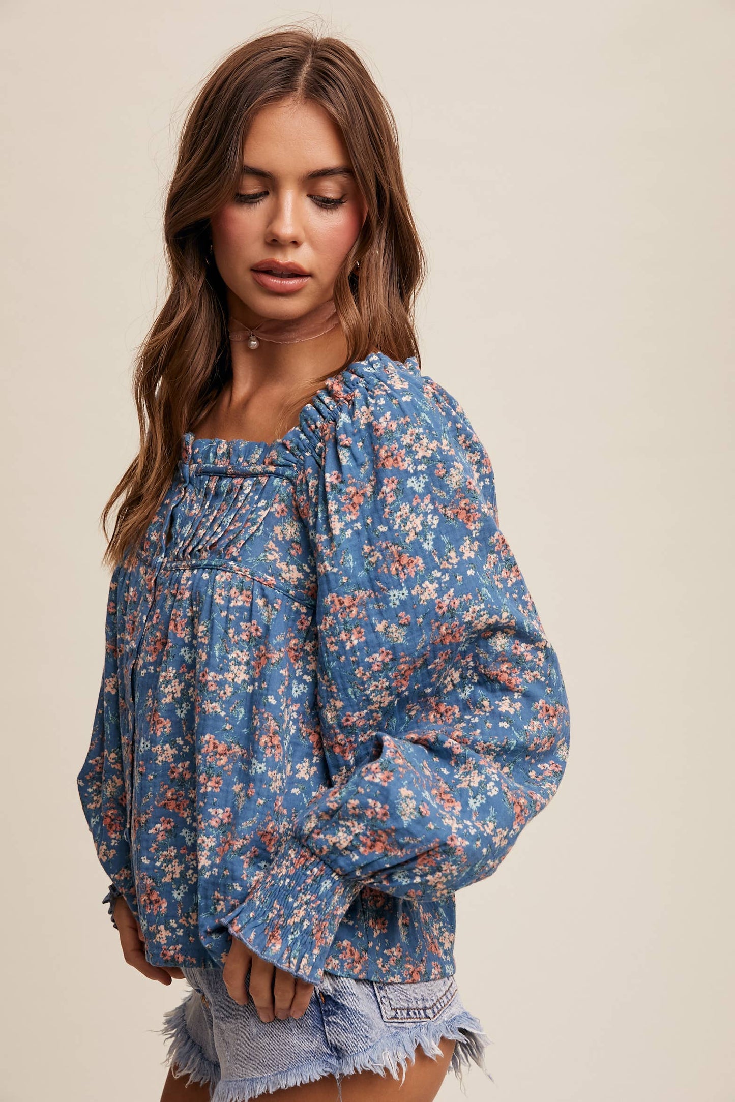 Janelle Square-Neck Floral Print Blouse
