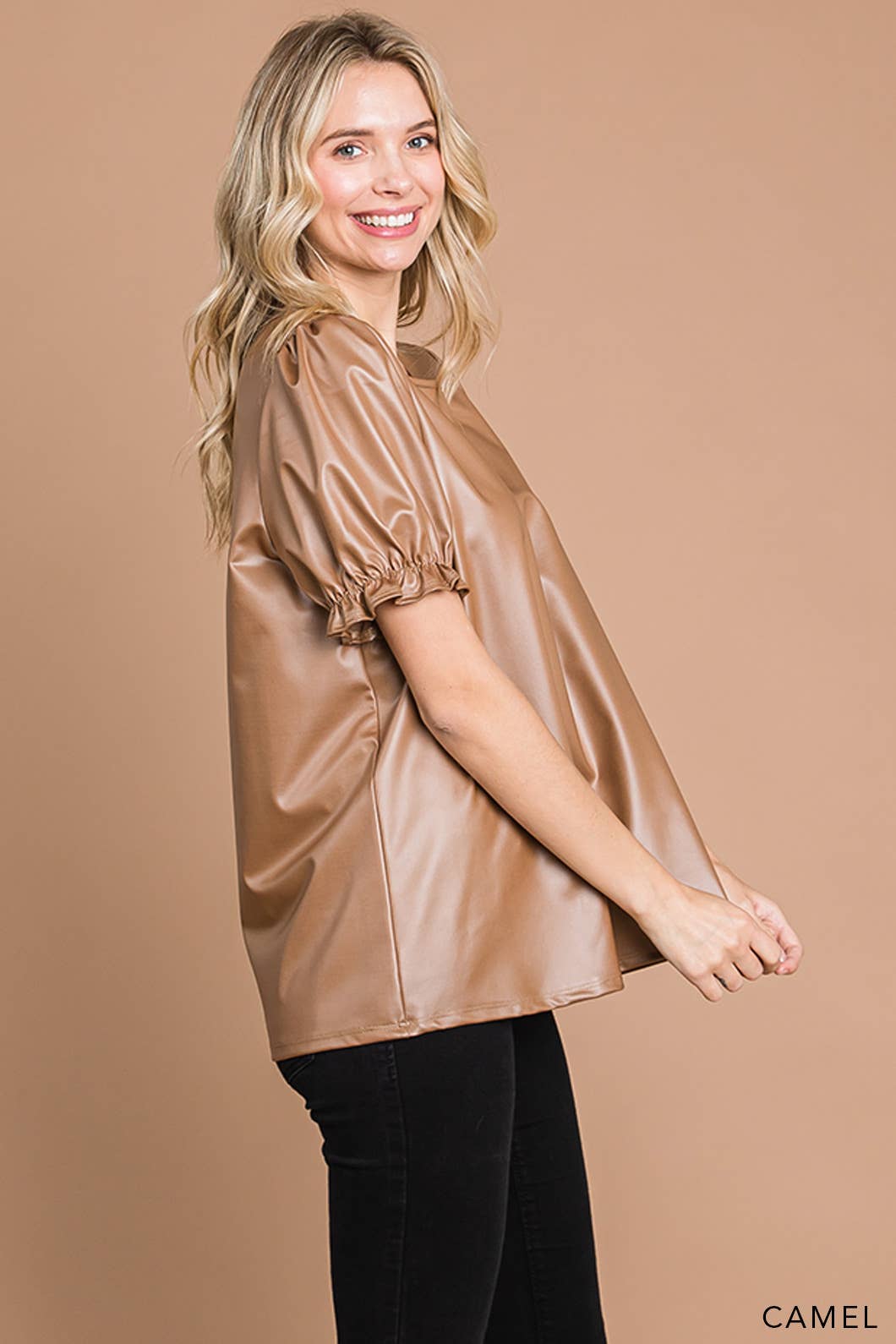 Faux Leather Top w/ Ruffle Sleeve