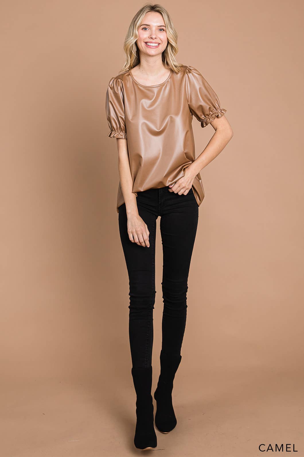 Faux Leather Top w/ Ruffle Sleeve