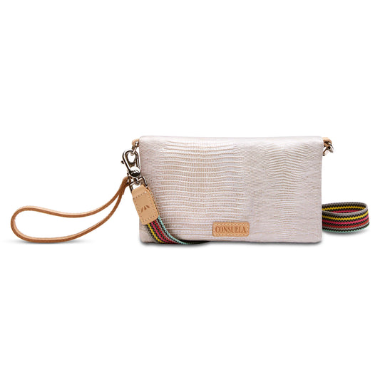Consuela Uptown Crossbody in Silver Lizard Embossed Finish with Wristlet and Rainbow Strap
