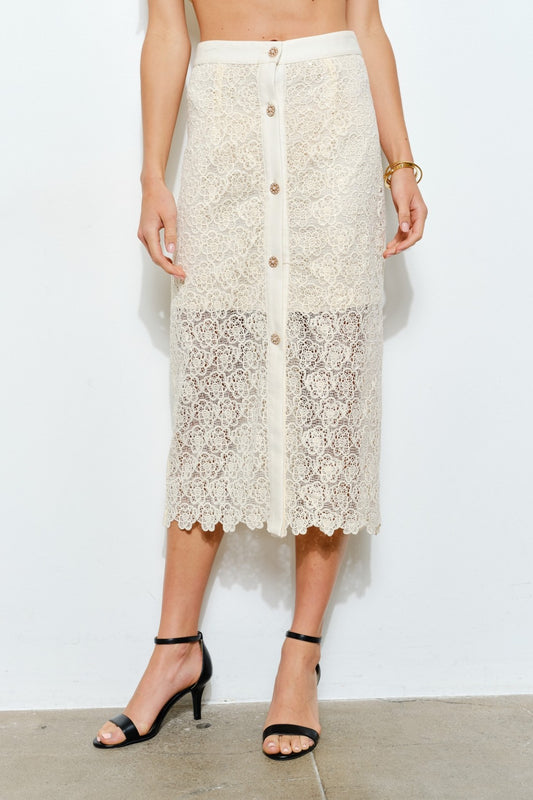 Charlotte Floral Lace Button-front Midi Skirt