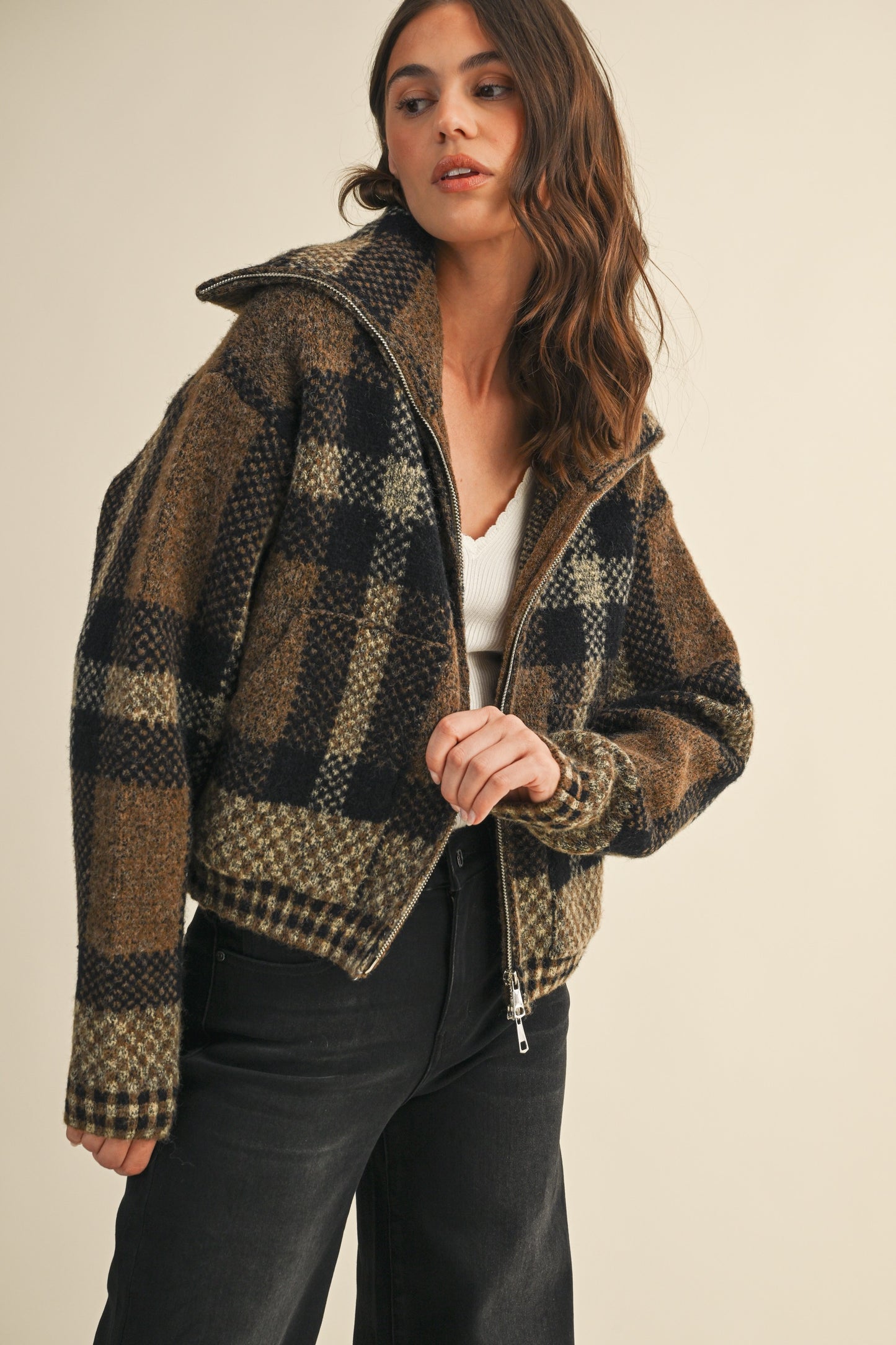 Chelly Checkered Fuzzy Sweater Crop Jacket