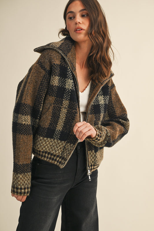 Chelly Checkered Fuzzy Sweater Crop Jacket