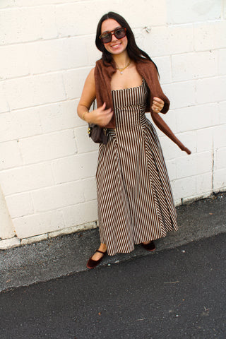 Chocolate brown and ivory vertical striped midi dress