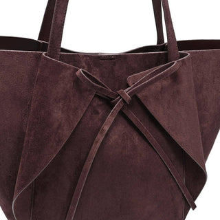 Close up of the Soren chocolate brown faux suede tote bag