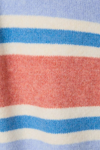 Close-up of fabric on cardigan with peach, blue, and white horizontal stripes