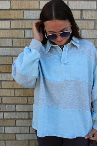 Collins contrast rugby sweatshirt with light wash denim and heather grey panels