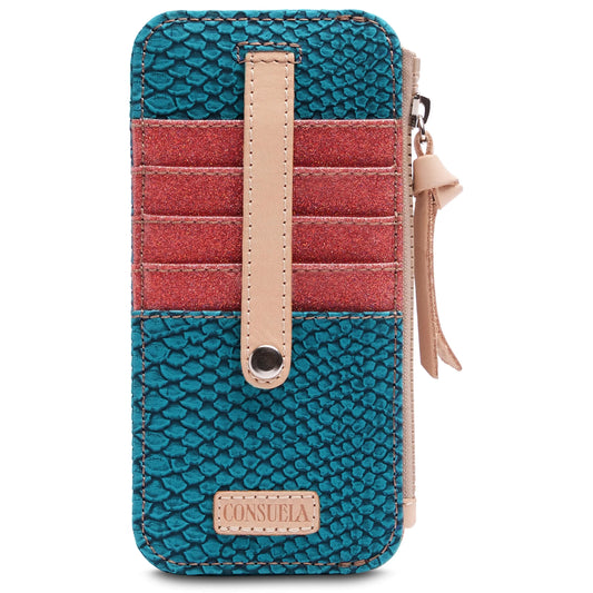 Multicolored Consuela leather wallet with snake skin pattern and visible brand name on a white background