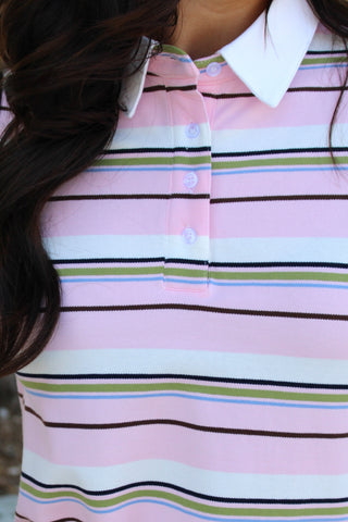 Close-up of the Court Club Striped Polo Mini Dress showcasing the crisp white polo collar, button placket, and pastel striped knit fabric.
