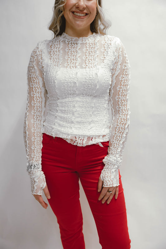 Maison Rouge cream lace long sleeve top with sheer floral lace detail and fitted silhouette available at Erin Rose Boutique