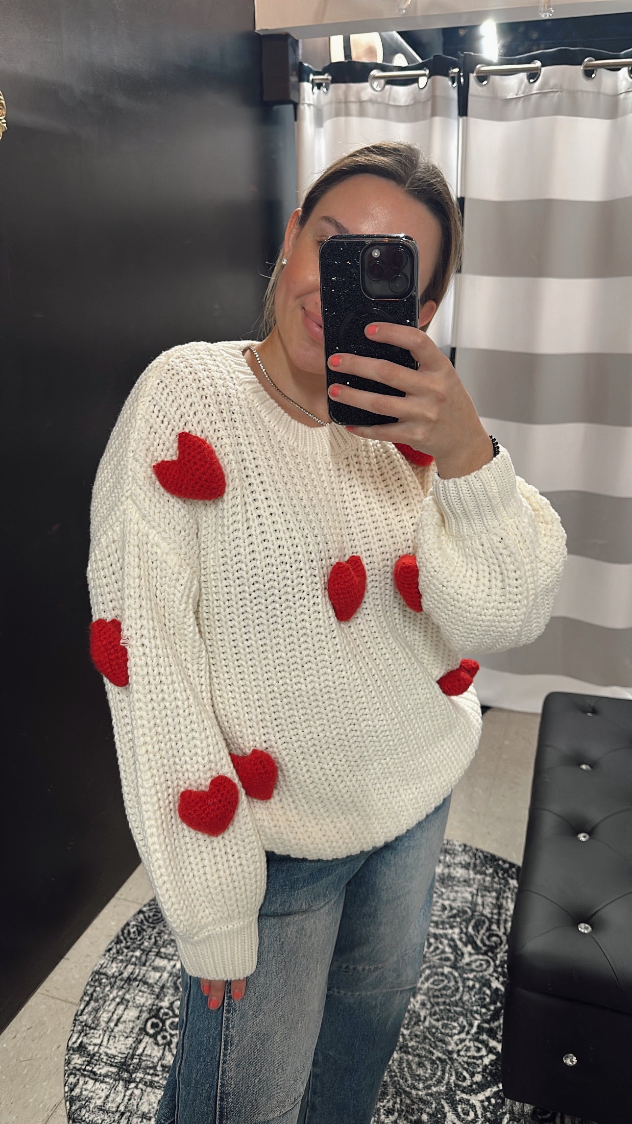 cream chunky sweater with red 3d hearts for valentine's day available at Erin Rose Boutique
