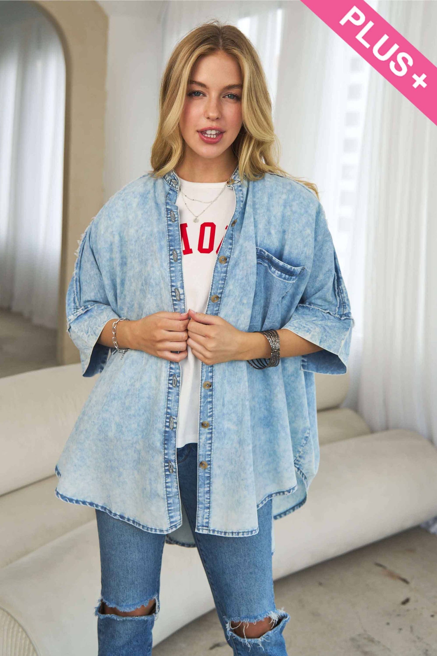 Plus Washed Denim Stand Collar Oversized Shirt