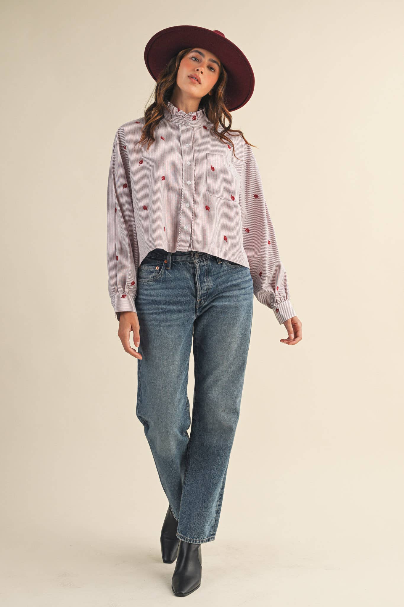 Bradley Embroidered Mock Neck Striped Button Up