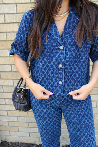 Dara Denim Button-Up Top in textured indigo denim