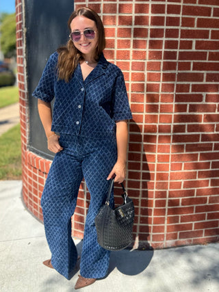 Dara textured denim top styled with matching wide leg jeans