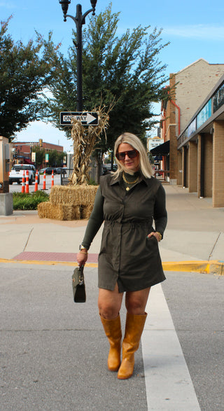 Women's dark olive green casual mini dress