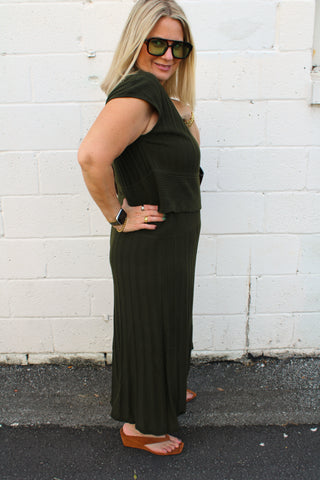 Dark olive green ribbed knit long dress