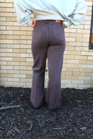 Back view of Dear John high rise brown wide leg jeans for women 