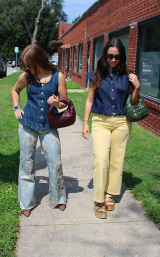 Dear John Garden Micah floral wide leg jeans and JBD butter yellow straight leg jeans styled for a casual women's outfit