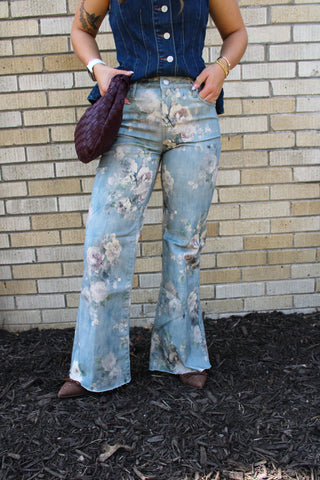 Dear John Garden Micah floral wide leg jeans in light wash denim with vintage-inspired floral print and raw hem