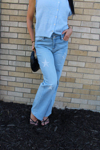 Women's embroidered star jeans in light blue denim
