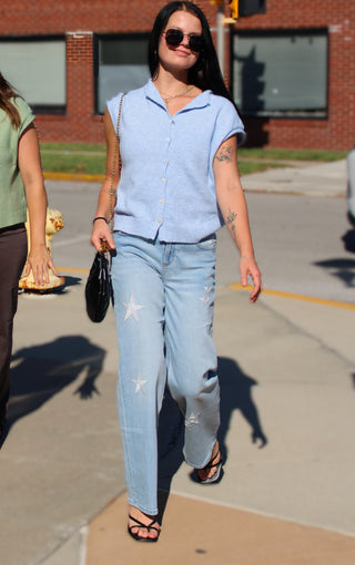 Dear John Taylor Starboard Straight Jeans styled with blue cardigan