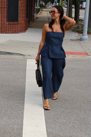 Rowan Pinstripe Strapless Peplum Top