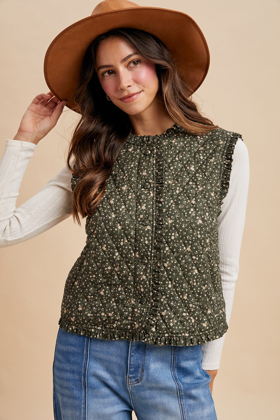 Ditsy Print Ruffle Detail Quilted Vest