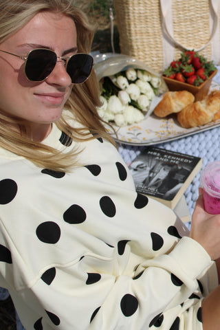 Dottie Crush butter yellow and black polka dot crewneck sweatshirt with matching lounge shorts