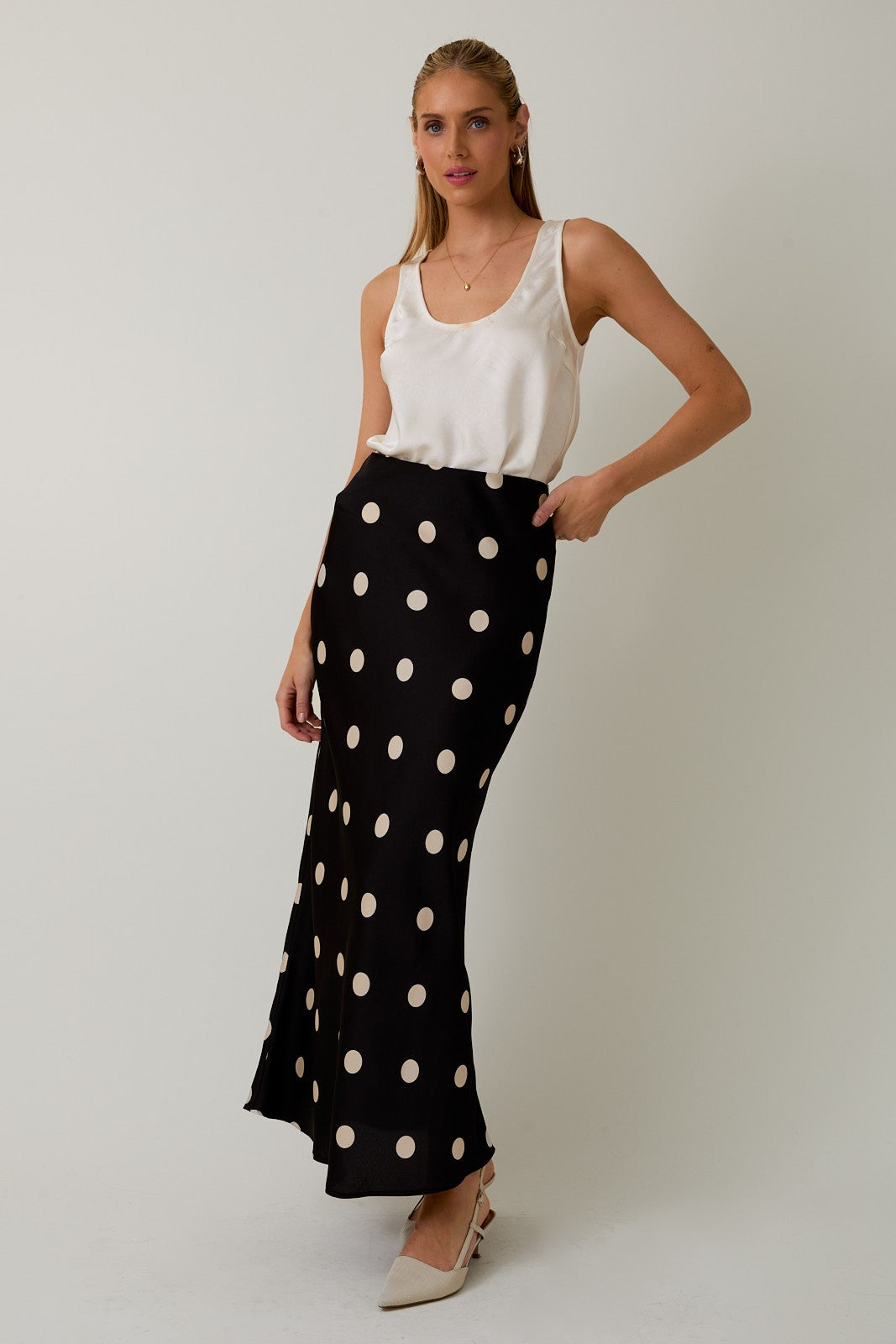 Dotty Satin Midi Skirt