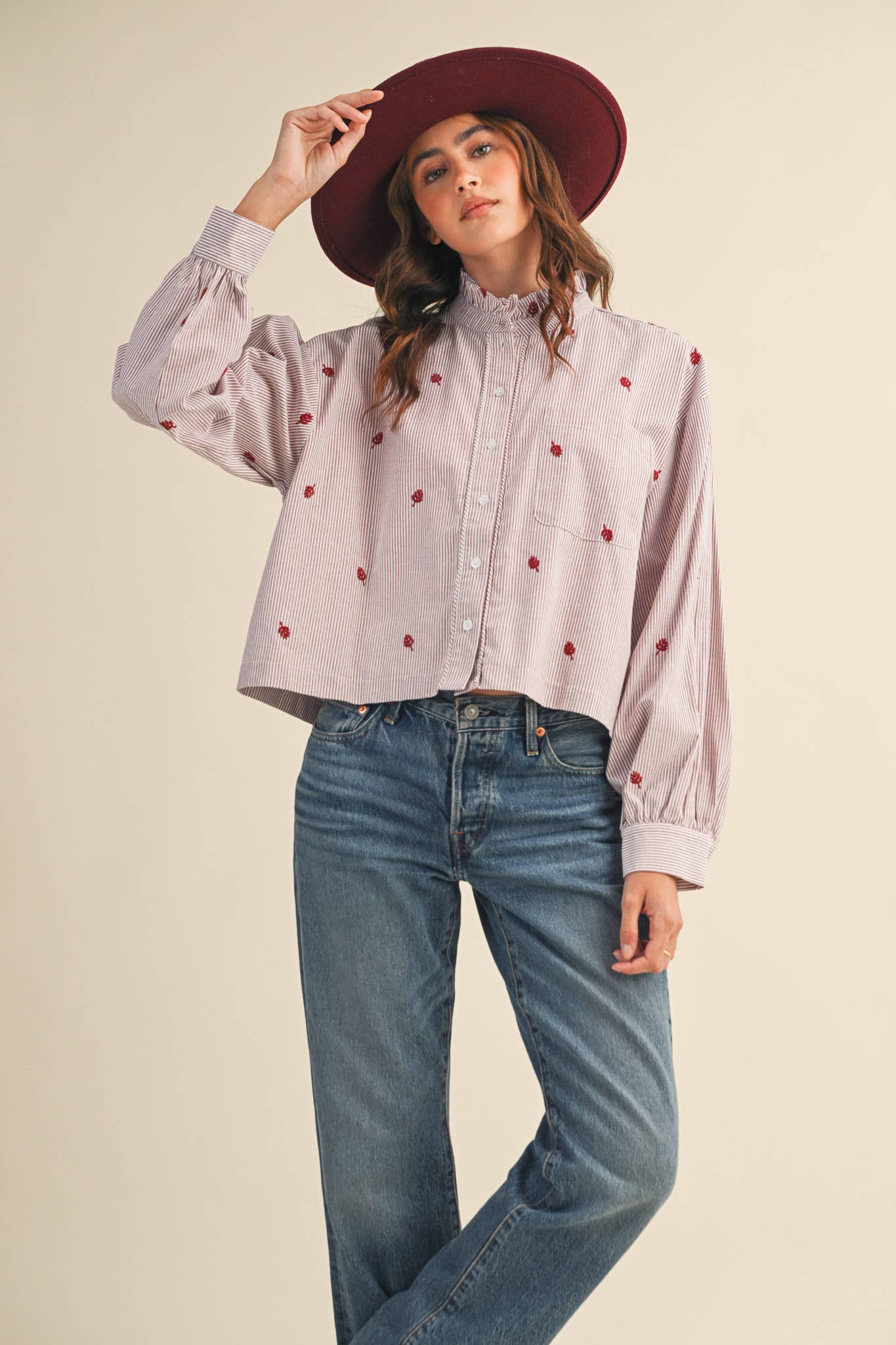 Bradley Embroidered Mock Neck Striped Button Up
