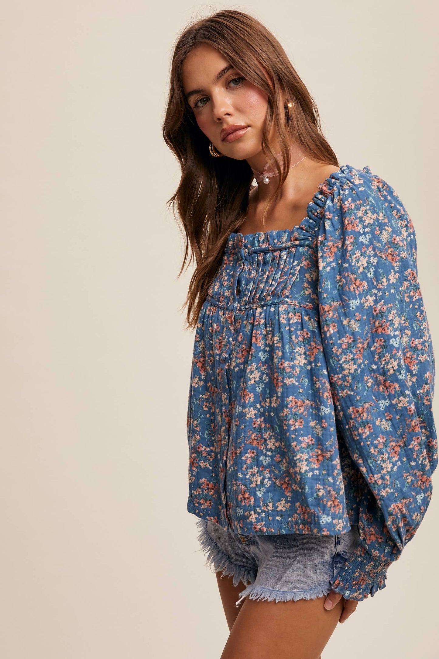 Janelle Square-Neck Floral Print Blouse